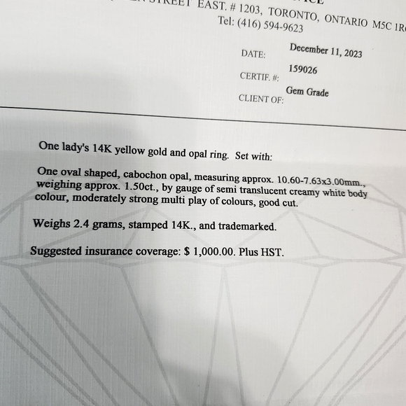 OPAL 14K Gold Ring Certificate - Picture 6 of 16